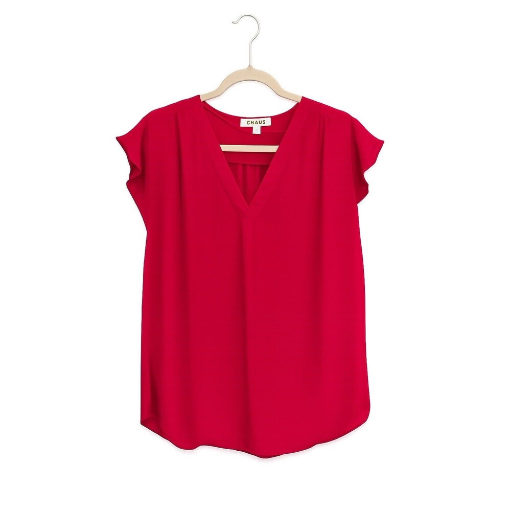 Chaus Women’s M Red Solid V-Neck Flutter Sleeve Chiffon Ruffle Blouse size Med